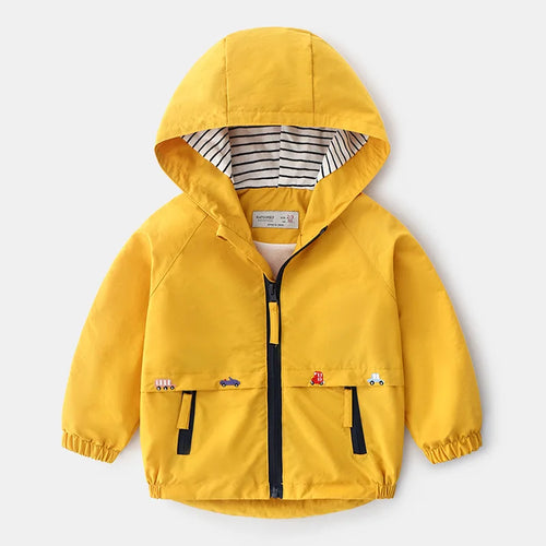 Yellow Little Explorer Lightweight Jacket, front view with striped hood lining, dark front zip and two pockets.