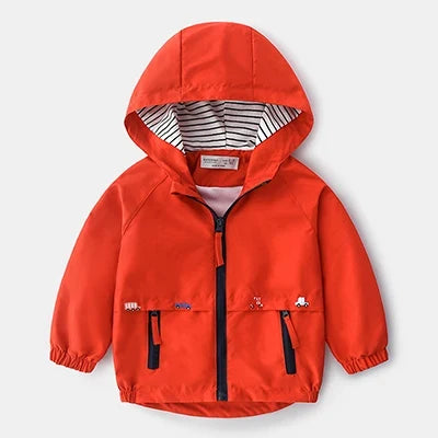 Red Little Explorer Lightweight Jacket, front view with striped hood lining, dark zip and two front pockets.
