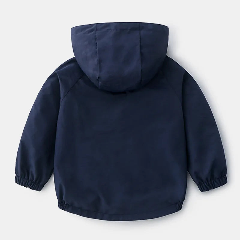 Back view of the blue Little Explorer Lightweight Jacket showing the hood and gathered cuffs.